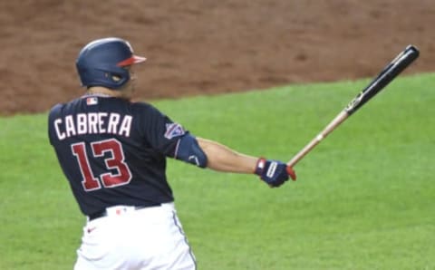 Asdrubal Cabrera #13 of the Washington Nationals prepares for a pitch during a baseball game against the Atlanta Braves at Nationals Park on September 12, 2020 in Washington, DC. (Photo by Mitchell Layton/Getty Images)