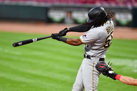 CINCINNATI, OH – SEPTEMBER 14: Josh Bell #55 of the Pittsburgh Pirates bats against the Cincinnati Reds during game two of a doubleheader at Great American Ball Park on September 14, 2020 in Cincinnati, Ohio. (Photo by Jamie Sabau/Getty Images)