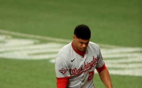 Juan Soto #22 of the Washington Nationals reacts to striking out in the first inning during a game against the Tampa Bay Rays at Tropicana Field on September 16, 2020 in St Petersburg, Florida. (Photo by Mike Ehrmann/Getty Images)