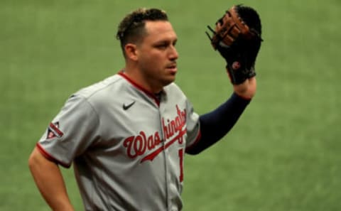 Asdrubal Cabrera #13 of the Washington Nationals looks on during a game against the Tampa Bay Rays at Tropicana Field on September 16, 2020 in St Petersburg, Florida. (Photo by Mike Ehrmann/Getty Images)