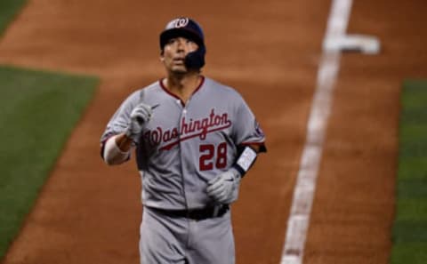 Kurt Suzuki #28 of the Washington Nationals reacts after running the bases from hitting a solo homerun in the third inning against the Miami Marlins at Marlins Park on September 20, 2020 in Miami, Florida. (Photo by Mark Brown/Getty Images)