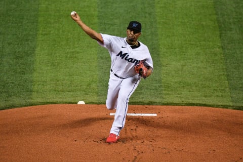 MIAMI, FLORIDA – SEPTEMBER 18: Sixto Sanchez #73 of the Miami Marlins delivers a pitch against the Washington Nationals at Marlins Park on September 18, 2020 in Miami, Florida. (Photo by Mark Brown/Getty Images)