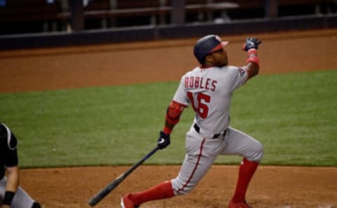 Victor Robles #16 of the Washington Nationals bats against the Miami Marlins at Marlins Park on September 18, 2020 in Miami, Florida. (Photo by Mark Brown/Getty Images)