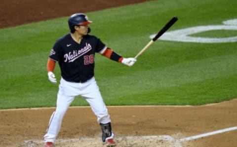 Kurt Suzuki #28 of the Washington Nationals bats against the Philadelphia Phillies at Nationals Park on September 21, 2020 in Washington, DC. (Photo by G Fiume/Getty Images)