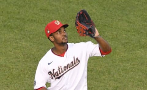 Michael A. Taylor #3 of the Washington Nationals prepares to catch a fly ball during a baseball game against the Philadelphia Phillies at Nationals Park on September 23, 2020 in Washington, DC. (Photo by Mitchell Layton/Getty Images)