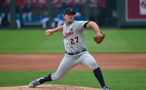 Starting pitcher Jordan Zimmermann #27 of the Detroit Tigers throws in the first inning against the Kansas City Royals at Kauffman Stadium on September 27, 2020 in Kansas City, Missouri. (Photo by Ed Zurga/Getty Images)