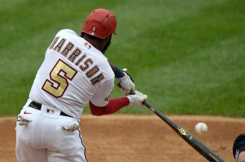 Josh Harrison #5 of the Washington Nationals bats against the New York Mets during game 1 of a double header at Nationals Park on September 26, 2020 in Washington, DC. (Photo by G Fiume/Getty Images)