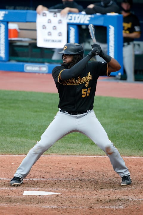 CLEVELAND, OH – SEPTEMBER 27: Josh Bell #55 of the Pittsburgh Pirates bats during the game against the Cleveland Indians at Progressive Field on September 27, 2020 in Cleveland, Ohio. (Photo by Kirk Irwin/Getty Images)