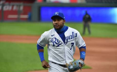 Third baseman Maikel Franco #7 of the Kansas City Royals runs to the dugout in the fourth inning against the Detroit Tigers at Kauffman Stadium on September 26, 2020 in Kansas City, Missouri. (Photo by Ed Zurga/Getty Images)