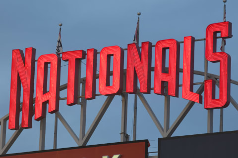 The Washington Nationals logo on the scoreboard after a baseball game against the New York Mets at Nationals Park on September 27, 2020 in Washington, DC. (Photo by Mitchell Layton/Getty Images)