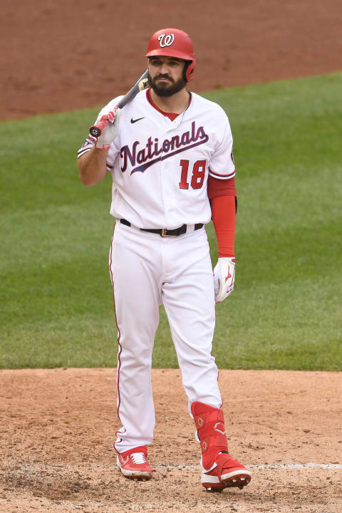 WASHINGTON, DC – SEPTEMBER 27: Jake Noll #18 of the Washington Nationals looks on during a baseball game against the New York Mets at Nationals Park on September 27, 2020 in Washington, DC. (Photo by Mitchell Layton/Getty Images)