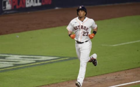 Michael Brantley #23 of the Houston Astros rounds the bases after hitting a solo home run against the Tampa Bay Rays during the sixth inning in Game Three of the American League Championship Series at PETCO Park on October 13, 2020 in San Diego, California. (Photo by Harry How/Getty Images)