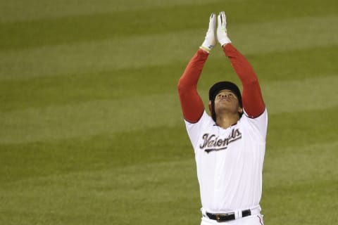 WASHINGTON, DC – SEPTEMBER 24: Juan Soto #22 of the Washington Nationals celebrates after hitting a double in the sixth inning against the New York Mets at Nationals Park on September 24, 2020 in Washington, DC. (Photo by Patrick McDermott/Getty Images)