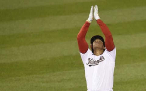 WASHINGTON, DC – SEPTEMBER 24: Juan Soto #22 of the Washington Nationals celebrates after hitting a double in the sixth inning against the New York Mets at Nationals Park on September 24, 2020 in Washington, DC. (Photo by Patrick McDermott/Getty Images)