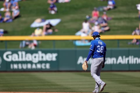 MESA, ARIZONA – MARCH 02: Lucius Fox #38 of the Kansas City Royals in action against the Chicago Cubs during a preseason game at Sloan Park on March 02, 2021 in Mesa, Arizona. (Photo by Carmen Mandato/Getty Images)