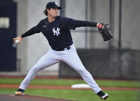 TAMPA, FLORIDA – MARCH 06: Gerrit Cole #45 of the New York Yankees delivers a pitch during a live batting practice at the Yankees Player Development Complex on March 06, 2021 in Tampa, Florida. (Photo by Mark Brown/Getty Images)