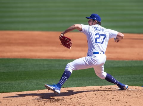 GLENDALE, AZ – MARCH 01: Trevor Bauer #27 of the Los Angeles Dodgers pitches during a spring training game against the Colorado Rockies at Camelback Ranch on March 1, 2021 in Glendale, Arizona. (Photo by Rob Tringali/Getty Images)