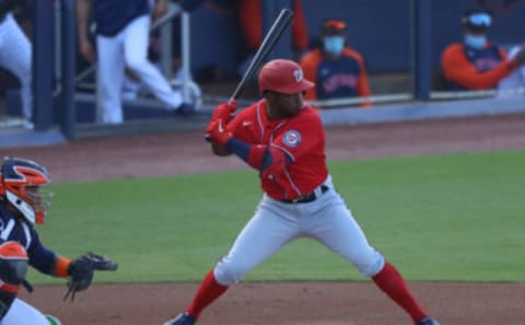 Victor Robles #16 of the Washington Nationals doubles in the first inning against the Houston Astros in a spring training game at the FITTEAM Ballpark of The Palm Beaches on March 19, 2021 in West Palm Beach, Florida. (Photo by Mark Brown/Getty Images)