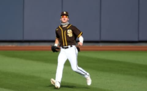 PEORIA, AZ – MARCH 7: Robert Hassell III #90 of the San Diego Padres in action during the game against the Kansas City Royals at Peoria Stadium on March 7, 2021 in Peoria, Arizona. The Royals defeated the Padres 4-3. (Photo by Rob Leiter/MLB Photos via Getty Images)