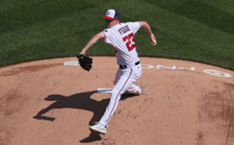 Starting pitcher Erick Fedde #23 of the Washington Nationals works the first inning against the Atlanta Braves in game one of a doubleheader at Nationals Park on April 7, 2021 in Washington, DC. (Photo by Patrick Smith/Getty Images)