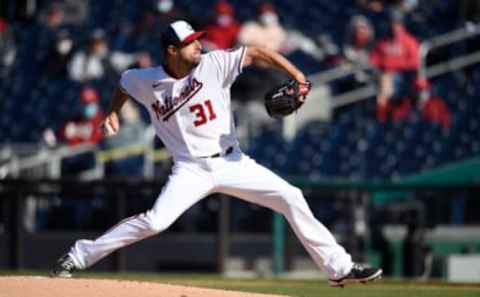 Max Scherzer #31 of the Washington Nationals pitches against the St. Louis Cardinals in the second inning at Nationals Park on April 21, 2021 in Washington, DC. (Photo by Patrick McDermott/Getty Images)