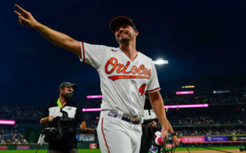 DENVER, CO – JULY 12: Trey Mancini of the Baltimore Orioles yells to the crowd after a second place finish in the 2021 T-Mobile Home Run Derby at Coors Field on July 12, 2021 in Denver, Colorado.(Photo by Dustin Bradford/Getty Images)