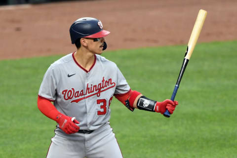 BALTIMORE, MD – JULY 24: Tres Barrera #38 of the Washington Nationals prepares for a pitch during a baseball game against the Baltimore Orioles at Oriole Park at Camden Yards on July 24, 2021 in Baltimore, Maryland. (Photo by Mitchell Layton/Getty Images)