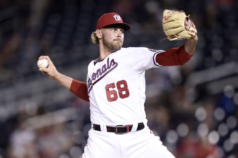 WASHINGTON, DC – AUGUST 02: Gabe Klobosits #68 of the Washington Nationals pitches against the Washington Nationals at Nationals Park on August 02, 2021 in Washington, DC. (Photo by G Fiume/Getty Images)