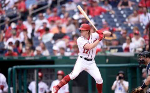 Andrew Stevenson #17 of the Washington Nationals bats against the Atlanta Braves at Nationals Park on August 15, 2021 in Washington, DC. (Photo by G Fiume/Getty Images)