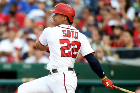 WASHINGTON, DC – OCTOBER 03: Juan Soto #22 of the Washington Nationals bats against the Boston Red Sox at Nationals Park on October 03, 2021 in Washington, DC. (Photo by G Fiume/Getty Images)