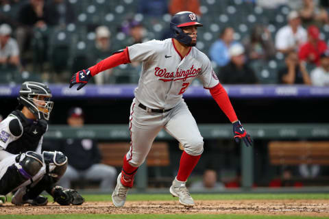 DENVER, CO – SEPTEMBER 29: Luis Garcia #2 of the Washington Nationals runs during the game against the Colorado Rockies at Coors Field on September 29, 2021 in Denver, Colorado. The Rockies defeated the Nationals 10-5. (Photo by Rob Leiter/MLB Photos via Getty Images)