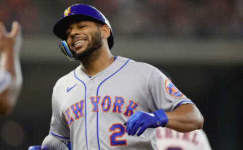 HOUSTON, TEXAS – JUNE 22: Dominic Smith #2 of the New York Mets reacts to hitting a pop fly during the fifth inning against the Houston Astros at Minute Maid Park on June 22, 2022 in Houston, Texas. (Photo by Carmen Mandato/Getty Images)