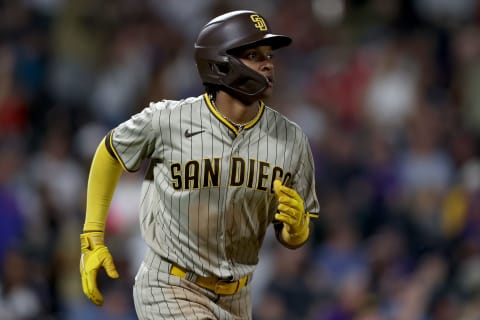 DENVER, COLORADO – JULY 11: C.J. Abrams #77 of the San Diego Padres circles the bases after hitting a three RBI home run against the Colorado Rockies in the eighth inning at Coors Field on July 11, 2022 in Denver, Colorado. (Photo by Matthew Stockman/Getty Images)