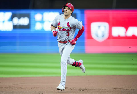 TORONTO, ON – JULY 26: Dylan Carlson #3 of the St. Louis Cardinals rounds the bases on his home run against the Toronto Blue Jays in the first inning during their MLB game at the Rogers Centre on July 26, 2022 in Toronto, Ontario, Canada. (Photo by Mark Blinch/Getty Images)