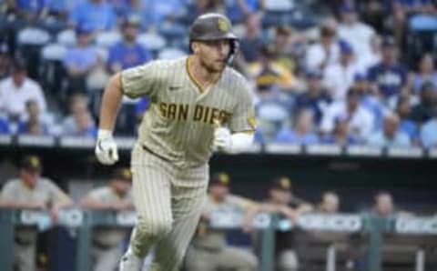 KANSAS CITY, MISSOURI – AUGUST 26: Brandon Drury #17 of the San Diego Padres runs to first after hitting against the Kansas City Royals at Kauffman Stadium on August 26, 2022 in Kansas City, Missouri. (Photo by Ed Zurga/Getty Images)