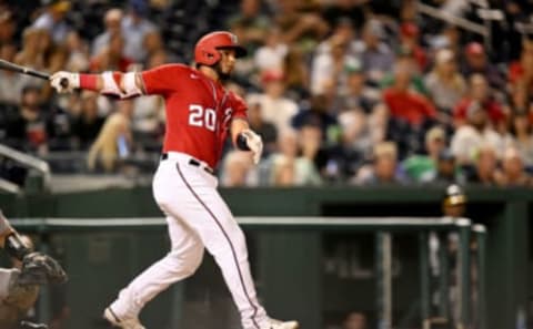 WASHINGTON, DC – AUGUST 31: Keibert Ruiz #20 of the Washington Nationals bats against the Oakland Athletics at Nationals Park on August 31, 2022 in Washington, DC. (Photo by G Fiume/Getty Images)