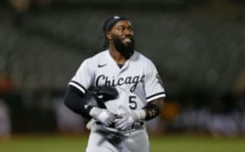 OAKLAND, CALIFORNIA – SEPTEMBER 08: Josh Harrison #5 of the Chicago White Sox looks on while at bat against the Oakland Athletics at RingCentral Coliseum on September 08, 2022 in Oakland, California. (Photo by Lachlan Cunningham/Getty Images)