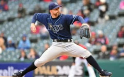 CLEVELAND, OHIO – SEPTEMBER Starting pitcher Corey Kluber #28 of the Tampa Bay Rays pitches during the first inning against the Cleveland Guardians at Progressive Field on September 27, 2022 in Cleveland, Ohio. (Photo by Jason Miller/Getty Images)