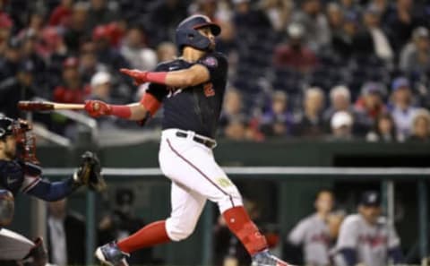 WASHINGTON, DC – SEPTEMBER 28: Luis Garcia #2 of the Washington Nationals bats against the Atlanta Braves at Nationals Park on September 28, 2022 in Washington, DC. (Photo by G Fiume/Getty Images)