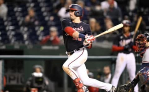 WASHINGTON, DC – SEPTEMBER 28: Lane Thomas #28 of the Washington Nationals bats against the Atlanta Braves at Nationals Park on September 28, 2022 in Washington, DC. (Photo by G Fiume/Getty Images)