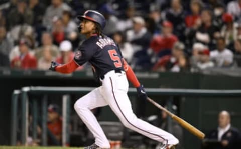 WASHINGTON, DC – SEPTEMBER 28: CJ Abrams #5 of the Washington Nationals bats against the Atlanta Braves at Nationals Park on September 28, 2022 in Washington, DC. (Photo by G Fiume/Getty Images)