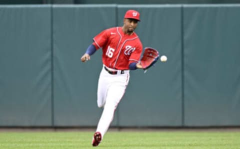 WASHINGTON, DC – OCTOBER 02: Victor Robles #16 of the Washington Nationals fields the ball against the Philadelphia Phillies at Nationals Park on October 02, 2022 in Washington, DC. (Photo by G Fiume/Getty Images)