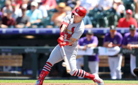 DENVER, CO – AUGUST 11: Corey Dickerson #25 of the St. Louis Cardinals bats during the game against the Colorado Rockies at Coors Field on August 11 2022 in Denver, Colorado. The Rockies defeated the Cardinals 8-6. (Photo by Rob Leiter/MLB Photos via Getty Images)