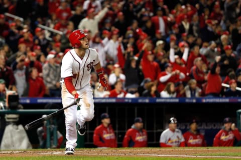 WASHINGTON, DC – OCTOBER 12: Bryce Harper #34 of the Washington Nationals hits a home run in the third inning against the St. Louis Cardinals in Game Five of the National League Division Series at Nationals Park on October 12, 2012 in Washington, DC. (Photo by Rob Carr/Getty Images)