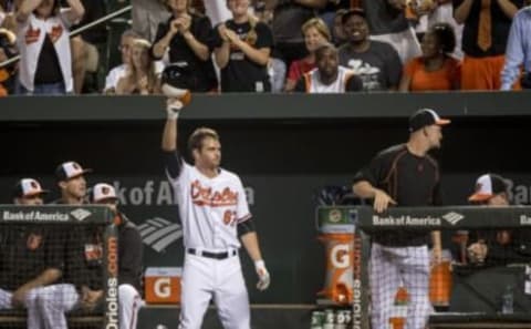 BALTIMORE, MD – SEPTEMBER 20: Trey Mancini #67 of the Baltimore Orioles gives a curtain call after hitting his first major league home run in his major league debut during the fifth inning of a game against the Boston Red Sox on September 20, 2016 at Oriole Park at Camden Yards in Baltimore, Maryland. (Photo by Billie Weiss/Boston Red Sox/Getty Images)