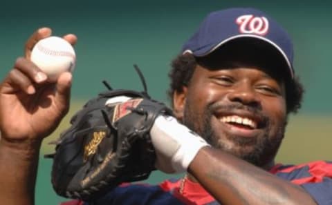 Dmitri Young #21 of the Washington Nationals warms up before the MLB game against the Los Angeles Dodgers on May 30, 2007 at RFK Stadium in Washington D.C. The Dodgers won 4-0. (Photo by Mitchell Layton/Getty Images)