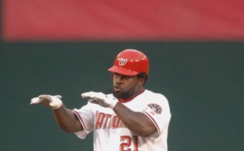 Dmitri Young #21 of the Washington Nationals celebrates a double during their MLB game against the Houston Astros on July 17, 2007 at RFK Stadium in Washington D.C. The Astros won 4-2. (Photo by Mitchell Layton/Getty Images)