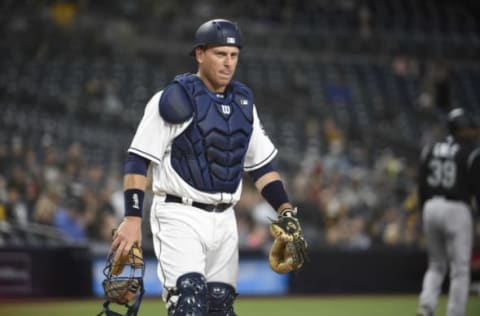 SAN DIEGO, CA – APRIL 2: A.J. Ellis #17 of the San Diego Padres walks to the plate during the first inning of a baseball game against the Colorado Rockies at PETCO Park on April 2, 2018, in San Diego, California. (Photo by Denis Poroy/Getty Images)