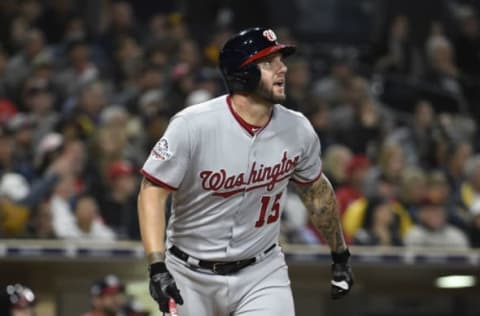 SAN DIEGO, CA – MAY 7: Matt Adams #15 of the Washington Nationals drills a three-run home run during the seventh inning of a baseball game against the San Diego Padres at PETCO Park on May 7, 2018, in San Diego, California. (Photo by Denis Poroy/Getty Images)