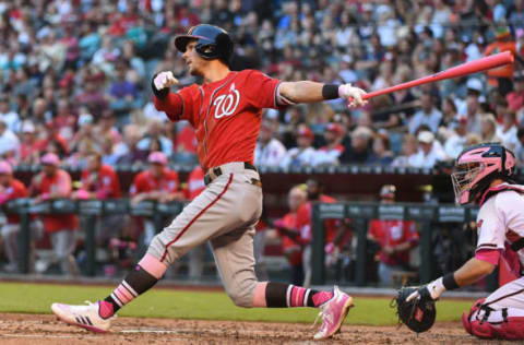 PHOENIX, AZ – MAY 13: Trea Turner #7 of the Washington Nationals collects a solo home run in the fifth inning of the MLB game against the Arizona Diamondbacks at Chase Field on May 13, 2018, in Phoenix, Arizona. (Photo by Jennifer Stewart/Getty Images)